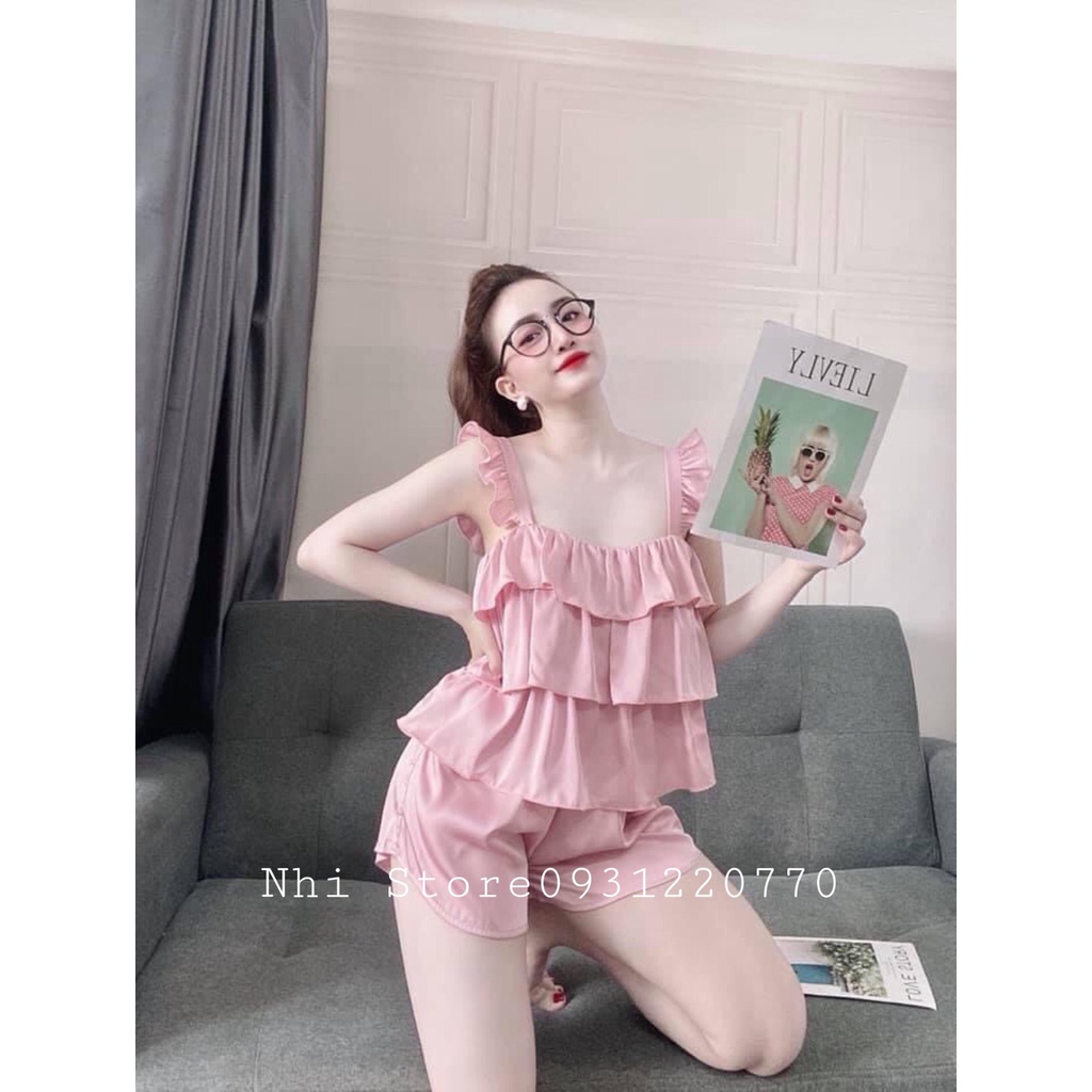 ( Freeship 50k ) Bộ Lụa Latin Mặc Nhà Nhistore Quần Ngắn Áo 2 Dây Bèo 3 Tầng Freesize Dưới 57kg