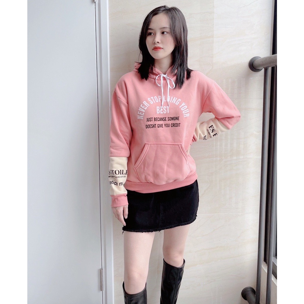 Áo hoodie nỉ cotton quảng châu cao cấp, Áo nỉ vati  in chữ NEVER STOP dáng rộng