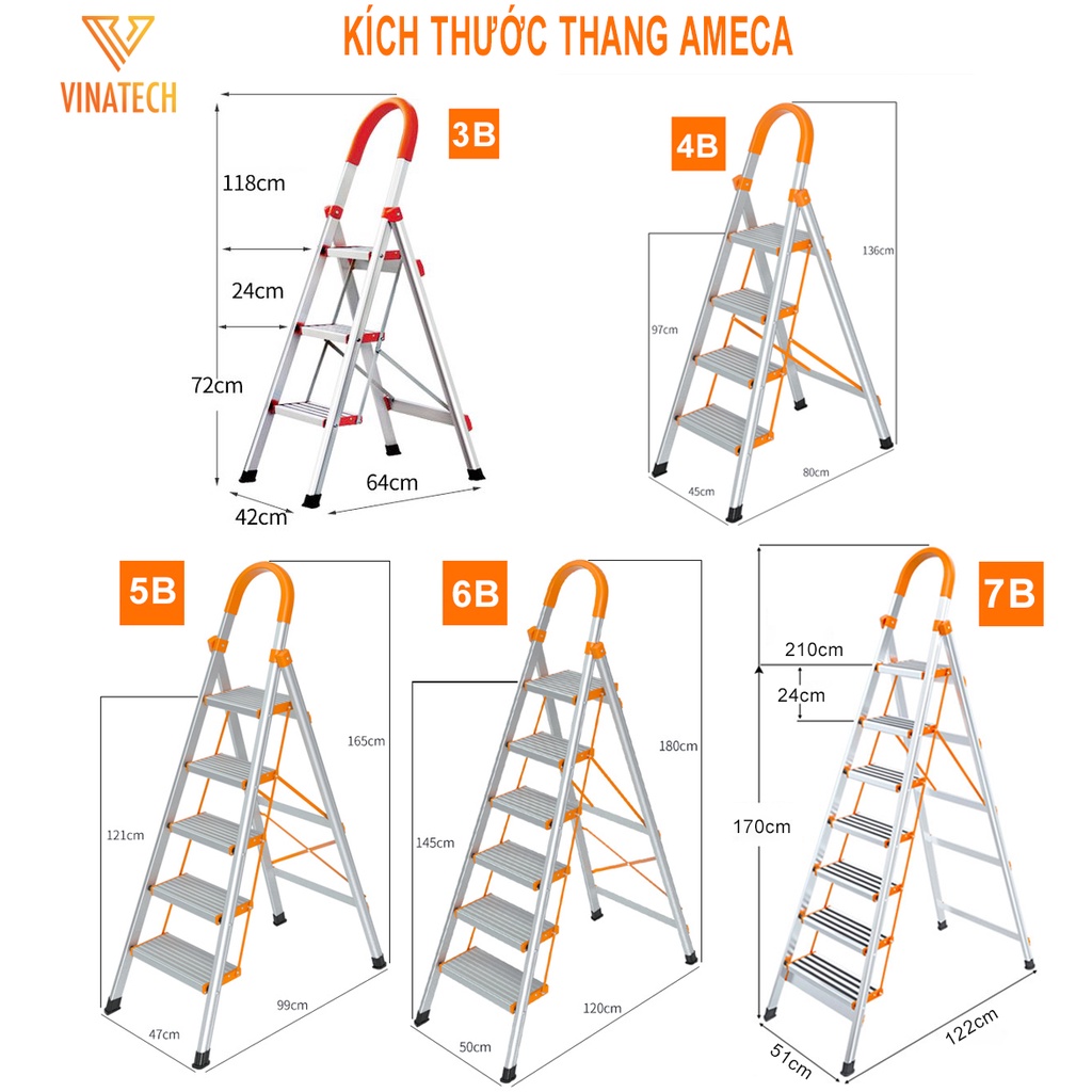 Thang Nhôm Ghế Tay Vịn 3 4 5 6 7 Bậc Ameca Nhật Bản, Inox 304 Có Video Thực Tế Tự quay. Cực Kỳ chắc chắn an toàn