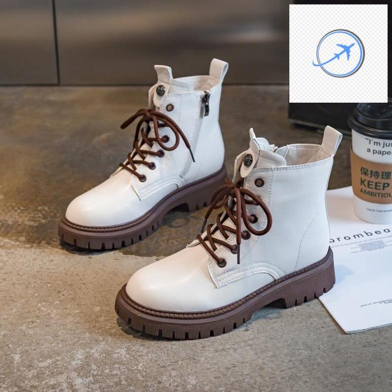 Giày Bốt Martin Nữ Cá Tính Cổ Cao Đế Bằng Màu Trắng Viền Xám/Nâu