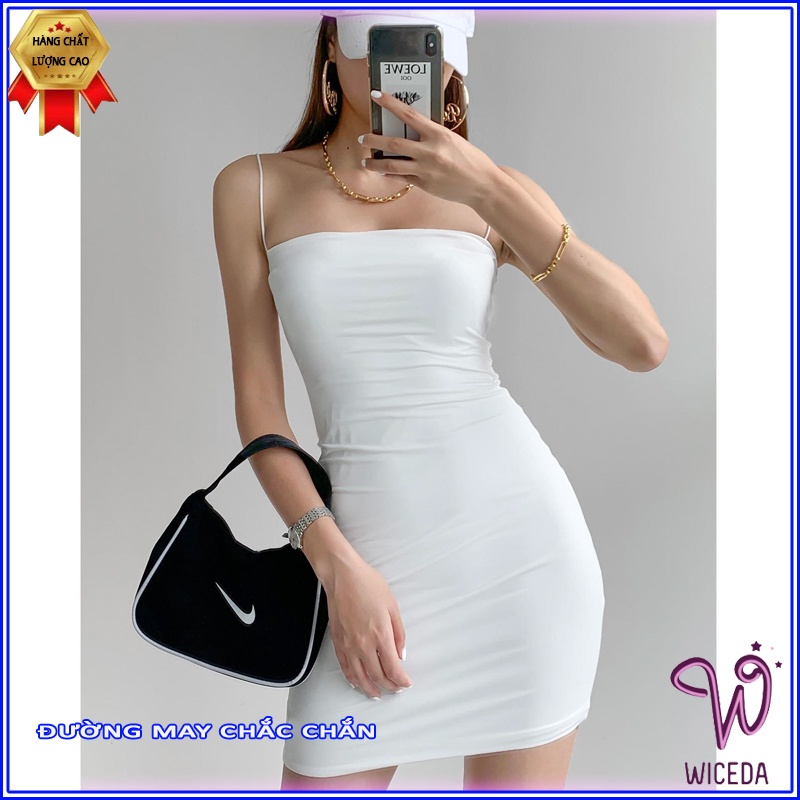 Váy 2 dây ôm body sexy thun gân dự tiệc Wiceda,đầm 2 dây trơn đen trắng chất mềm mịn VN301