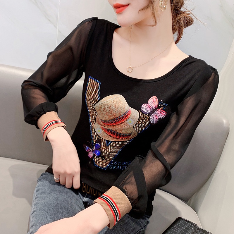 Áo lưới dài tay Áo thun dài tay nữ Đính Đá Phong Cách Mới Hot