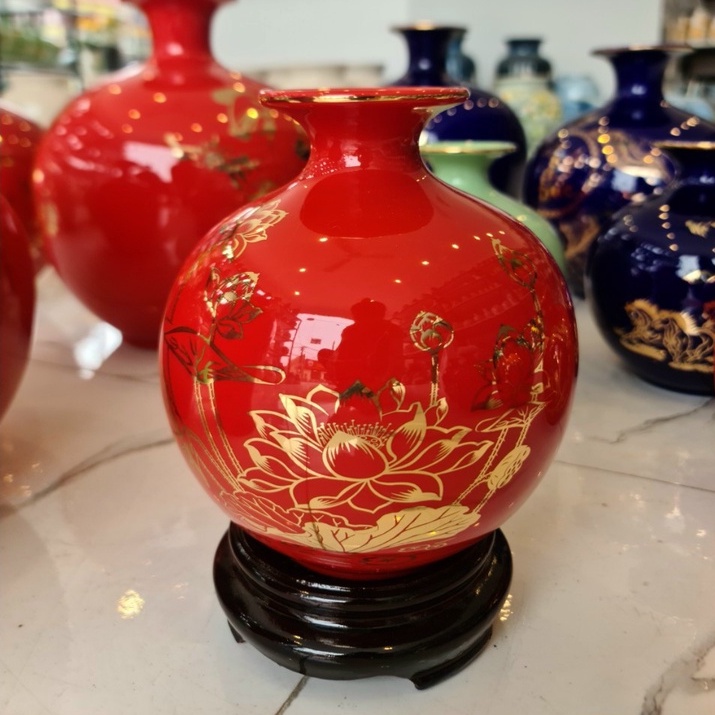 Bình hút lộc hoa Sen dát màu đỏ,Gốm sứ bát tràng cao cấp,Trang trí nhà cửa,decor,tặng tân gia,khai trương