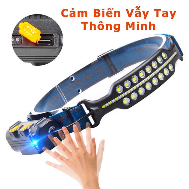 Đèn pin đội đầu siêu sáng 62 Led cảm biến bằng tay, chống nước IPX6, pin trâu, đèn đeo trán thông minh