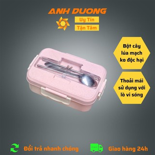 Hộp Cơm Giữ Nhiệt Lúa Mạch Có 3 Ngăn Kèm Đũa + Thìa Inox
