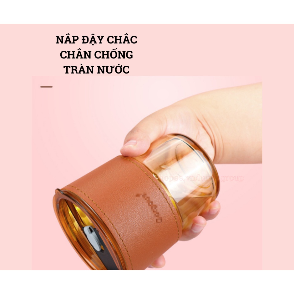 Ly Thủy Tinh Vỏ Da Có Nắm Kèm Ống Hút – Cốc Uống Nước Chịu Nhiệt Bọc Da 450ml