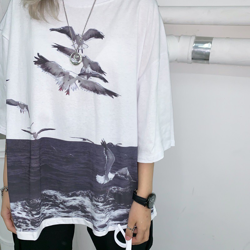 ORDER (có ảnh thật) áo phông unisex tay lỡ dáng rộng dài in hình cò bay trên biển phong cách ulzzang harajuku