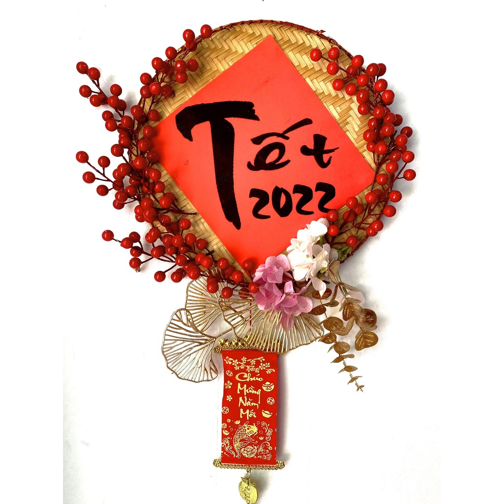 Mẹt tre trang trí tết hoa đào mai H28 (thay chữ tết 2023)