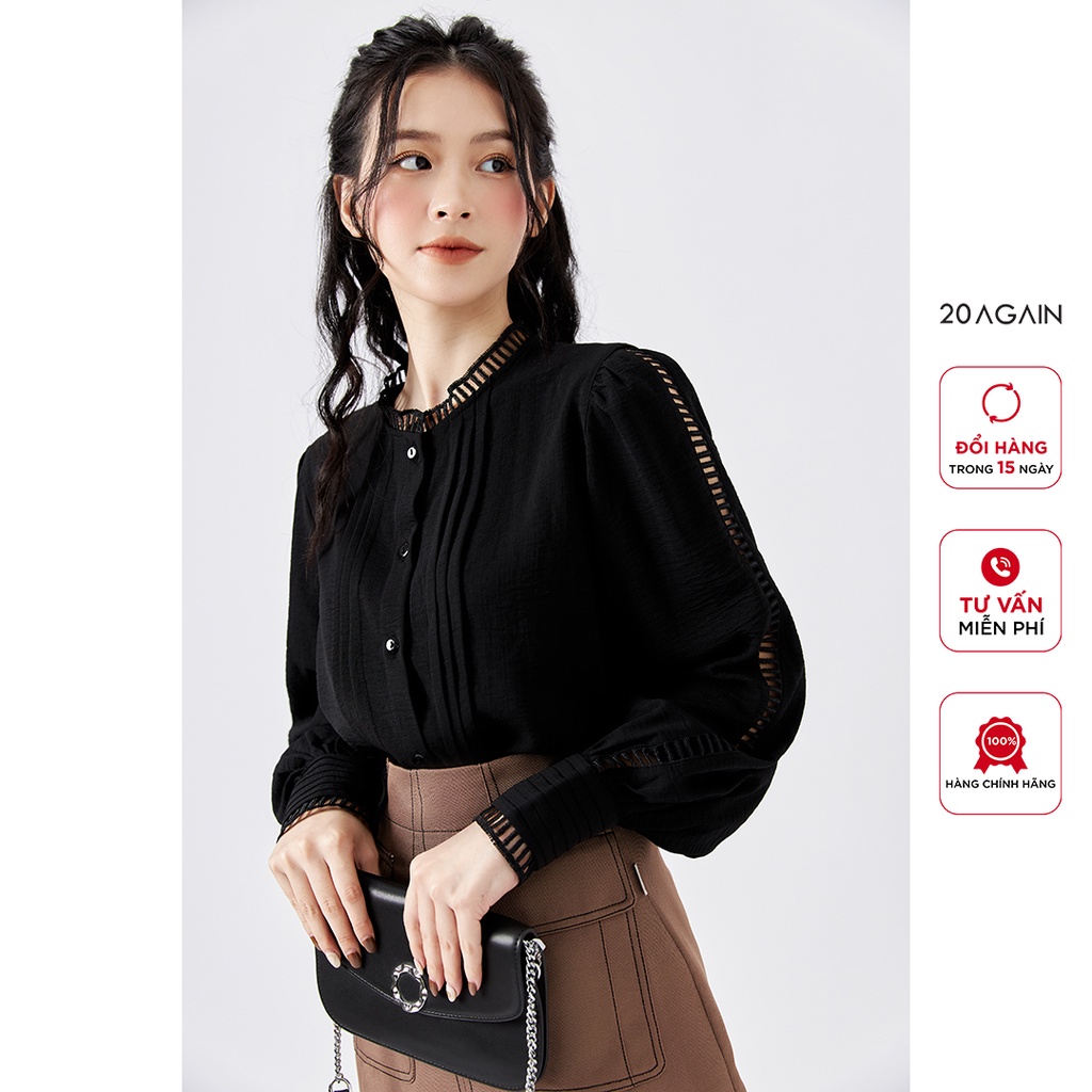 Áo sơ mi nữ dài tay cổ tròn 20AGAIN, trẻ trung thanh lịch ASA1822