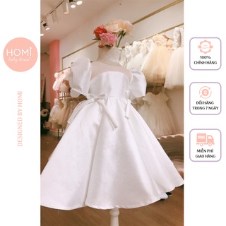 Đầm công chúa HOMI BABY HOUSE váy bé gái công chúa trắng tafta cổ lưới 2 nơ nhí