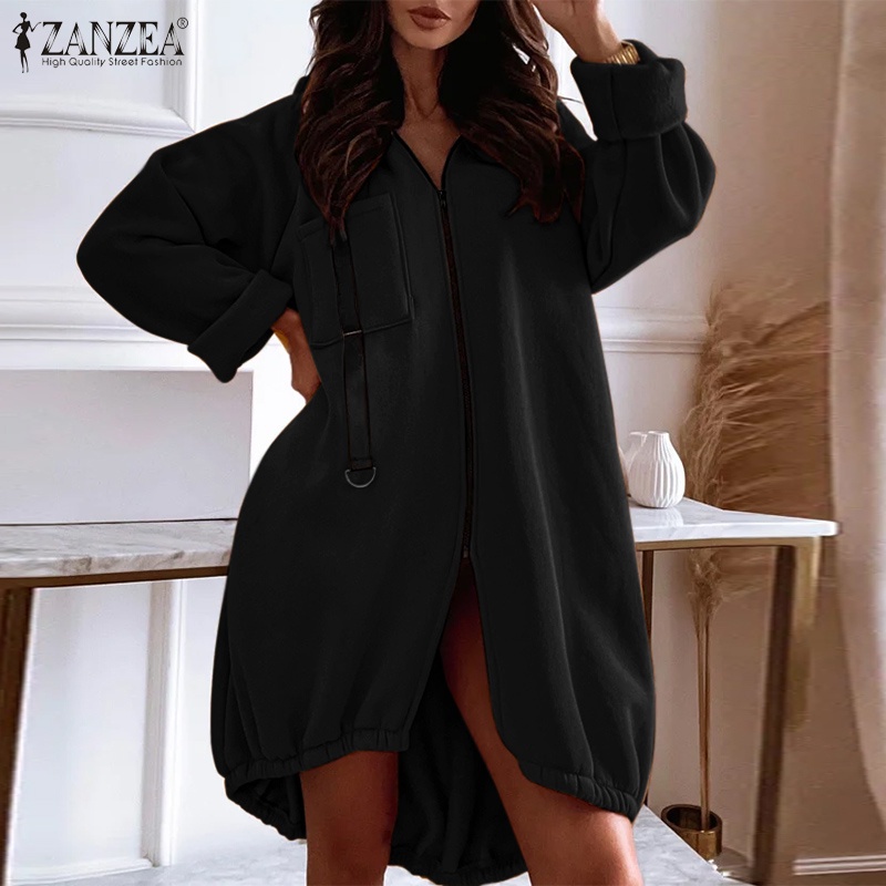 Áo khoác ZANZEA có mũ trùm dáng dài tay dài màu trơn phối khóa kéo trước thời trang thường ngày cho nữ