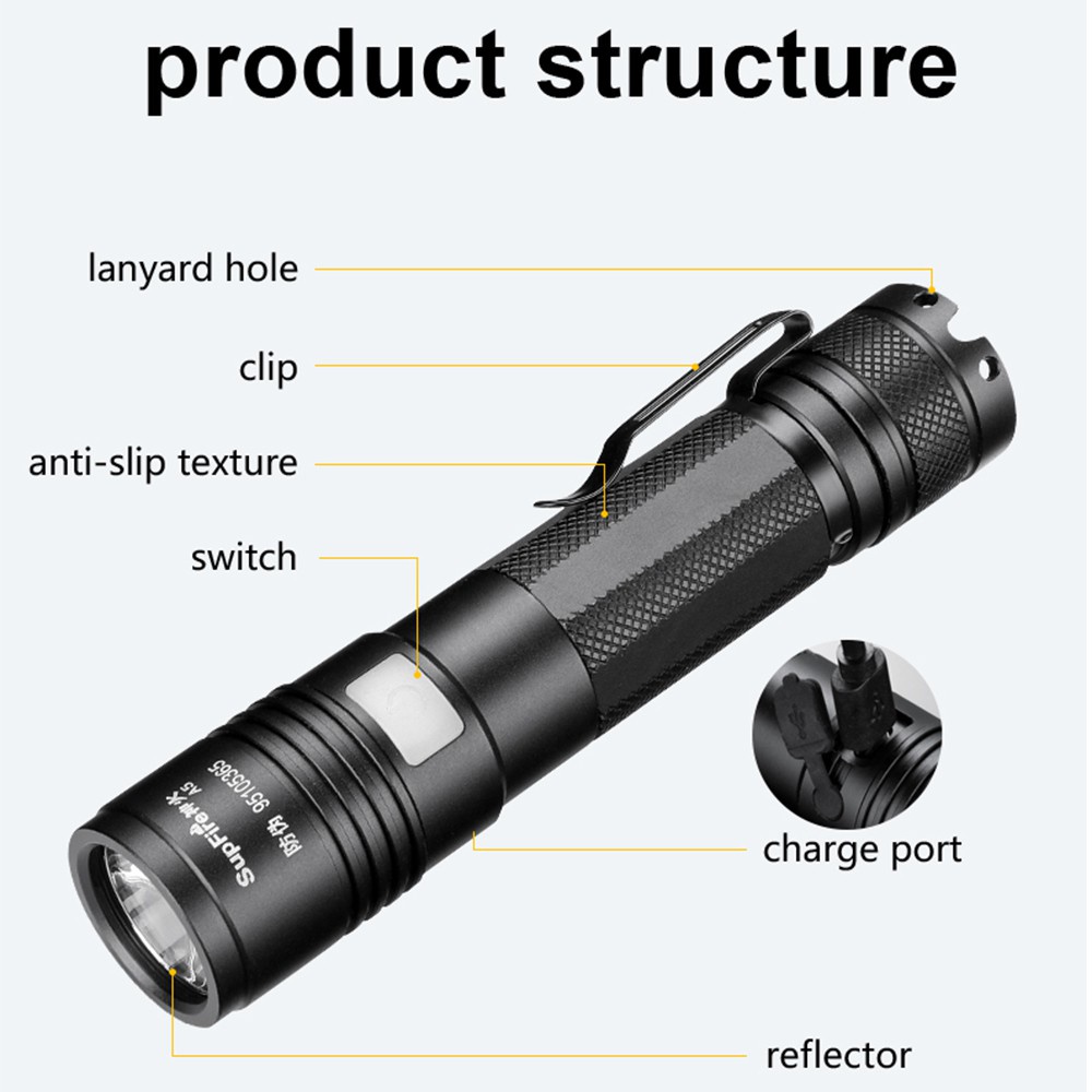 Đèn Pin Siêu Sáng SUPERFIRE A5/A5-l2 siêu sáng bằng hợp kim nhôm chống nước kèm cáp sạc USB tiện dụng