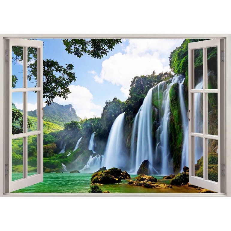 Tranh dán tường cửa sổ 3D cảnh thác nước đẹp 0157
