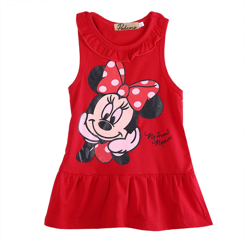 Đầm sát nách in hình chuột Minnie màu hồng/ đỏ cho bé gái