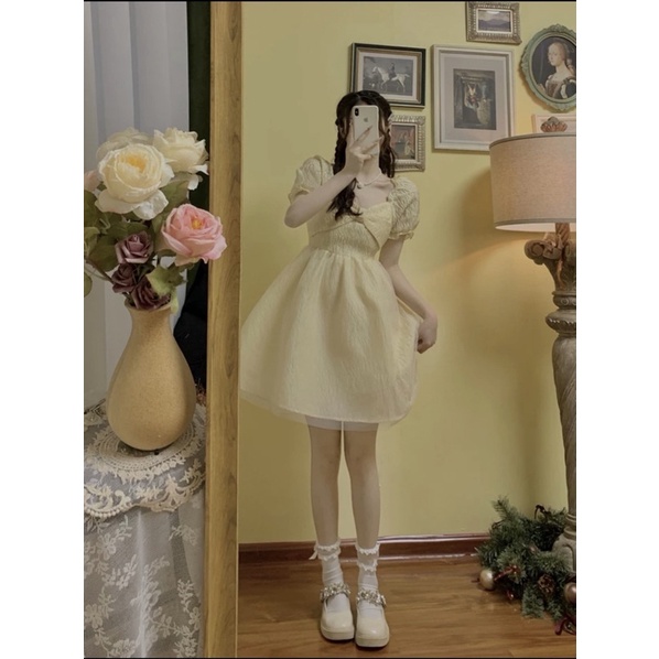 Đầm tay bồng babydoll dáng xòe họa tiết đính nơ kiểu công chúa siêu hot