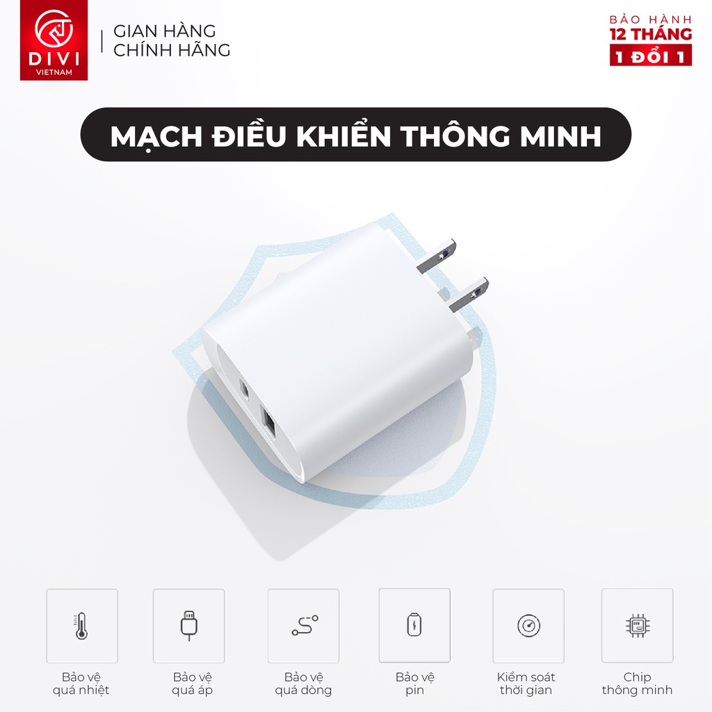 Củ sạc nhanh DIVI QH42 - Sạc nhanh PD - Công suất 20W - 2 Cổng USB - Type C - Hàng chính hãng Bảo hành 12 tháng 1 đổi 1