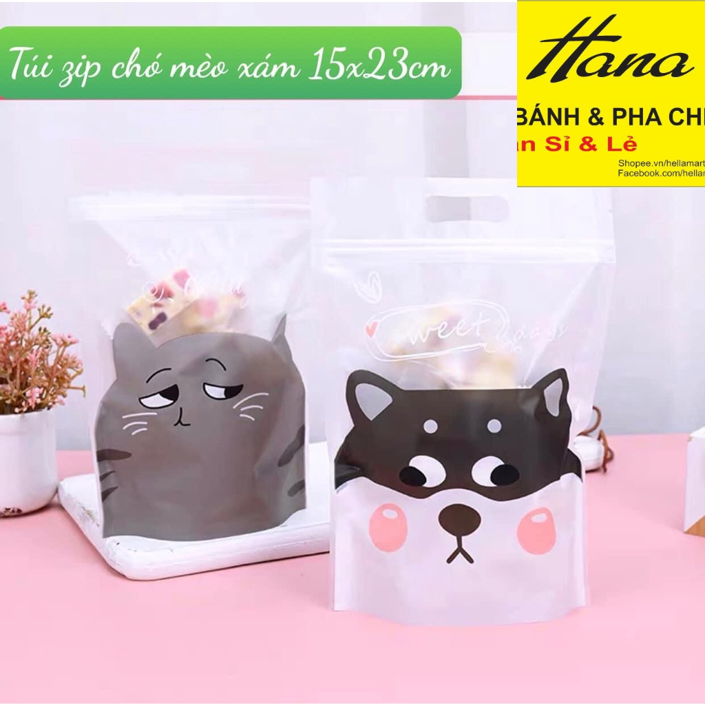 Túi zip đựng bánh 15x23cm mẫu chó mèo xám ( 10 chiếc )