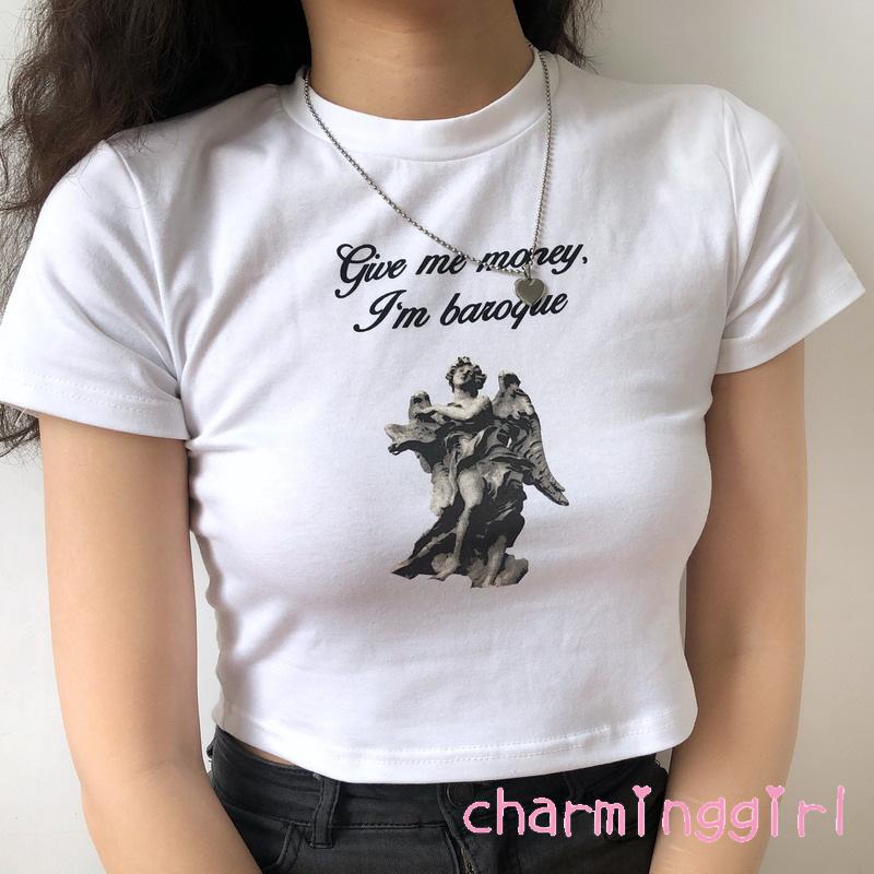 Áo tay ngắn cổ tròn họa tiết in ấn sành điệu trẻ trung cho nữ