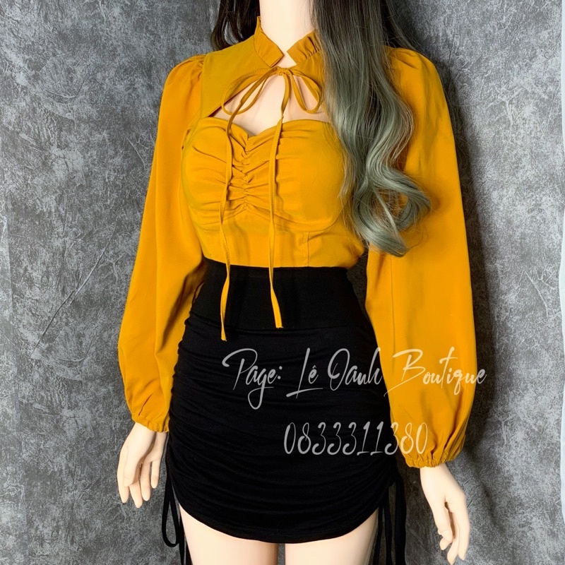 Áo tiểu thư croptop tay phồng phối bèo thắt nơ cổ A57