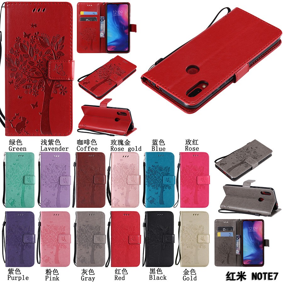 Bao da điện thoại dạng ví gập in hình cây độc đáo cho Xiaomi Redmi Note 7