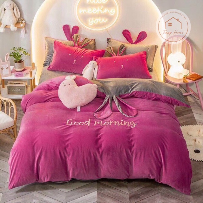 SET CHĂN GA GỐI NỈ NHUNG TAI THỎ CAO CẤP XINH XẮN CHO PHÒNG NGỦ Giá rẻ