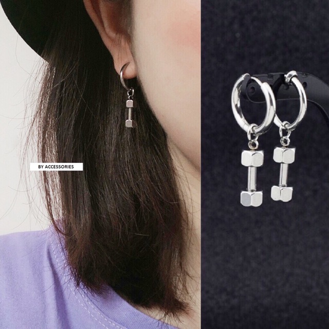 Bông tai titan unisex quả tạ tòn ten ko gỉ có loại kẹp UE190901