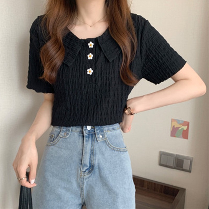 Áo sweater Cổ Polo Tay Ngắn Xếp Ly In Họa Tiết Hoa Thời Trang Mùa Hè Hàng Mới Dành Cho Bạn Nữ