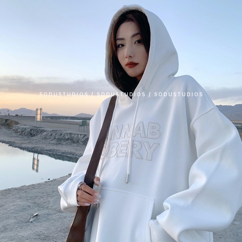 Áo Hoodie Nữ Dáng Rộng Thêu Chữ Phong Cách Hàn Quốc