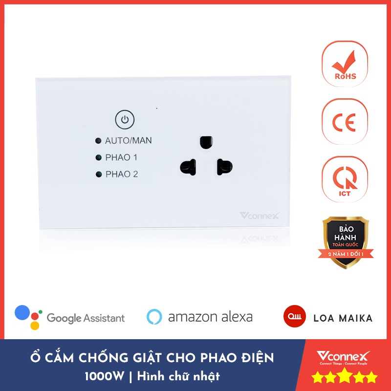 Ổ cắm chống giật cho phao điện, bồn, bể ngầm Vconnex. Nút bấm cảm ứng bật tắt an toàn. Bảo hành 24 tháng 1 đổi 1