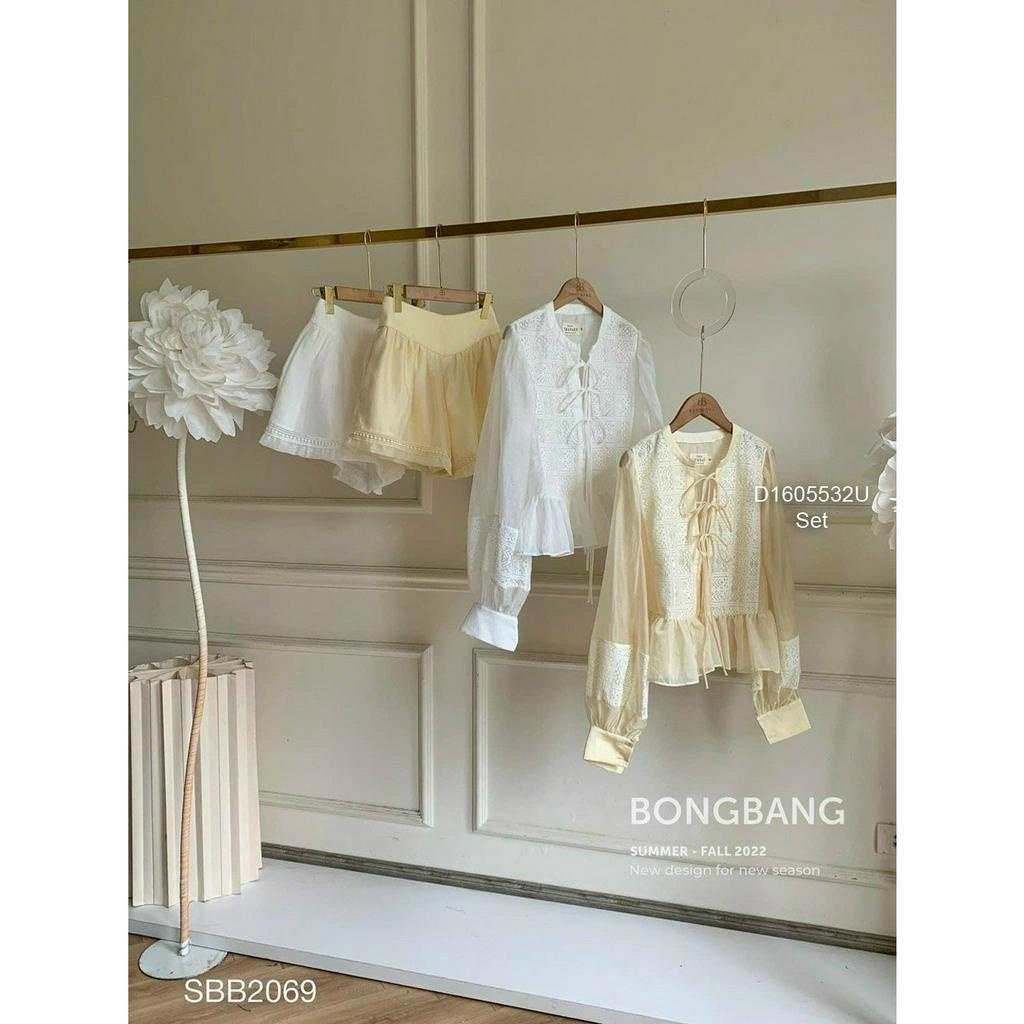 Set áo xô phối ren bèo tay dài phồng kèm quần