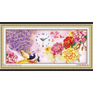 Tranh thêu chữ thập Đồng hồ phu thê viên mãn 88x38