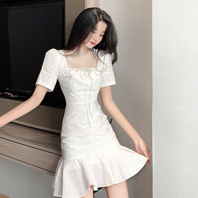 Đầm Thời Trang Tay Ngắn Cổ Vuông Xinh Xắn Phong Cách Hàn Quốc Cổ Điển | BigBuy360 - bigbuy360.vn