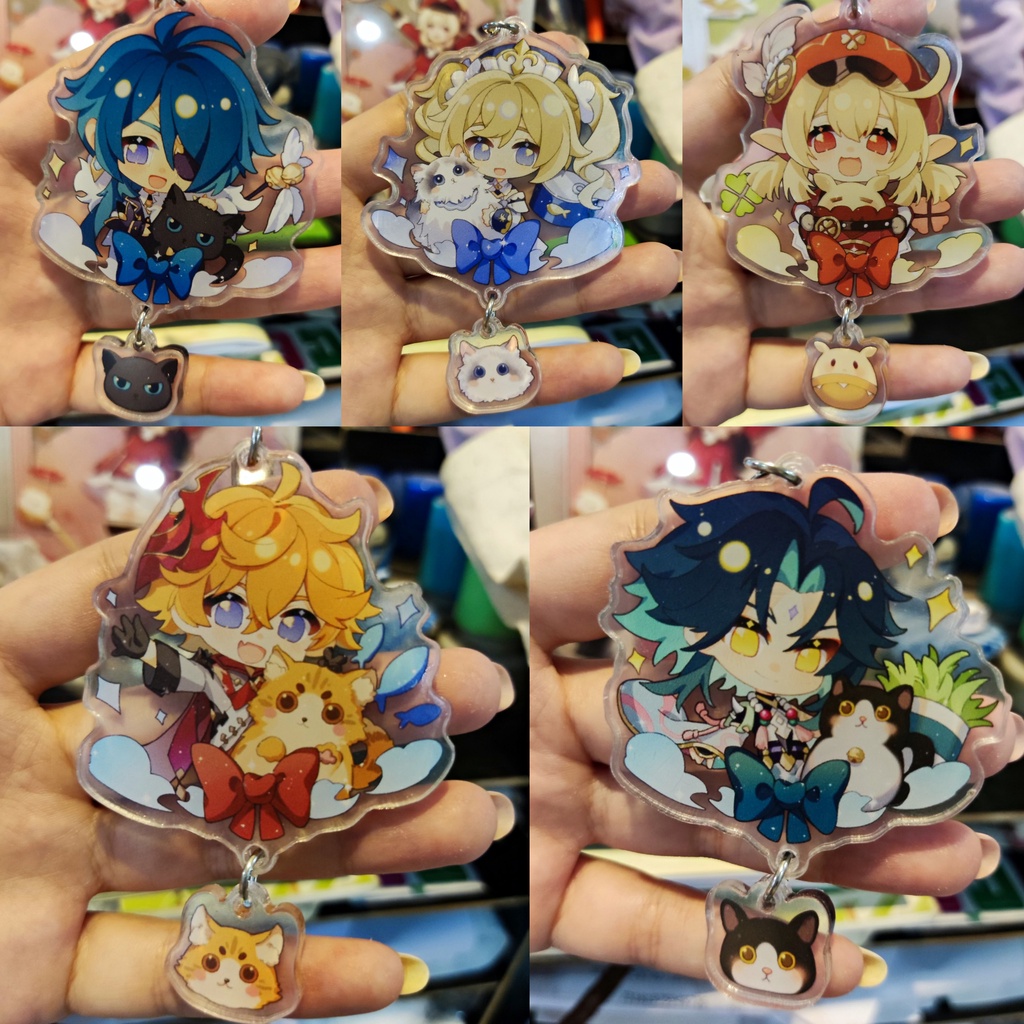 Genshin Impact Móc khóa chibi kèm charm thú cưng Zhongli Xiao Venti Childe Lumine Aether Klee Ganyu 