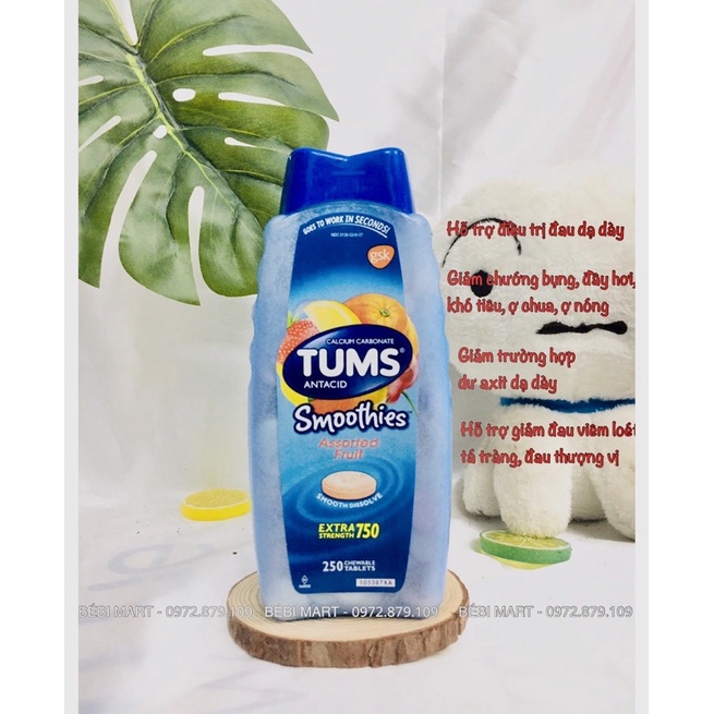 🍓🍒 Viên nhai hỗ trợ Tiêu Hoá Tums Smoothies Assorted Fruit 250 viên của Mỹ🍉🍇