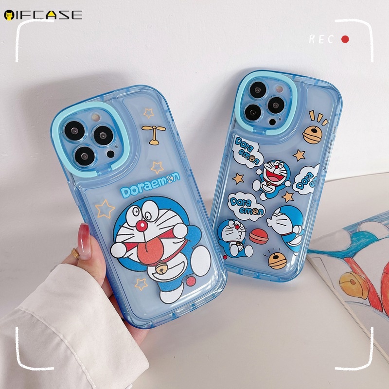 Ốp Điện Thoại Dẻo Trong Suốt Họa Tiết Hoạt Hình Doremon Kèm Giá Đỡ Kiểu Camera Cho iPhone 13 12 11 Pro Max