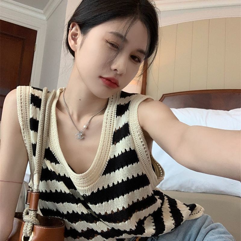 Áo Dệt Kim Hai Dây Dáng Rộng Họa Tiết Kẻ Sọc Trắng Đen Phong Cách Hàn Quốc Thời Trang Mùa Hè Cho Nữ