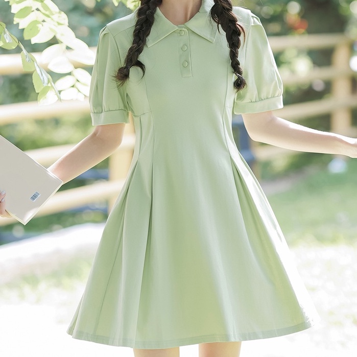 Đầm Cổ Polo Tay Phồng Thiết Kế Trang Nhã Cho Nữ