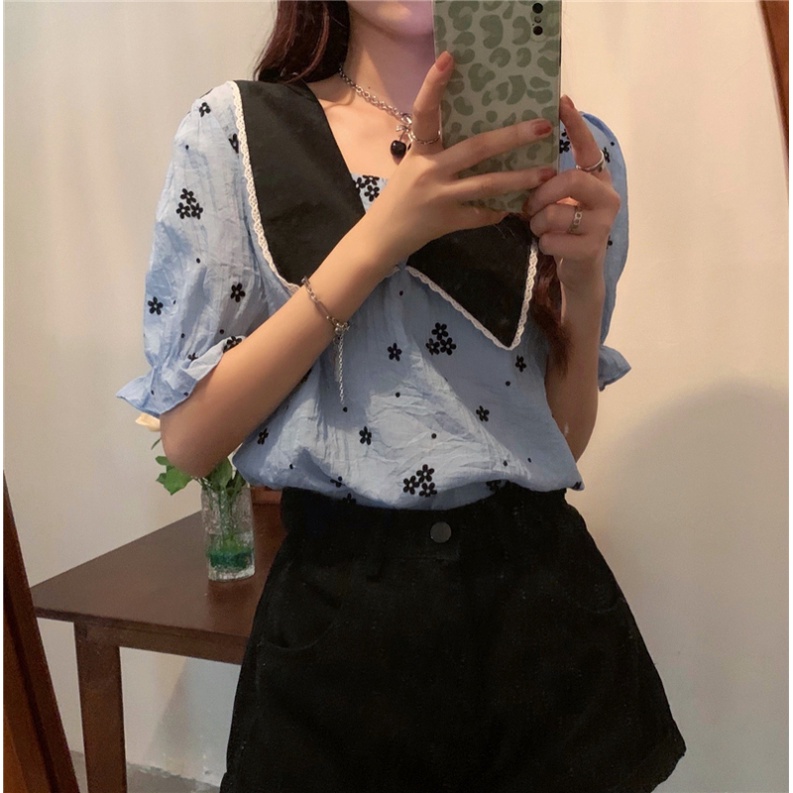 NZN Áo Kiểu Tay Phồng Ngắn In Hoa Kiểu Retro Pháp Dễ Thương Cho Nữ