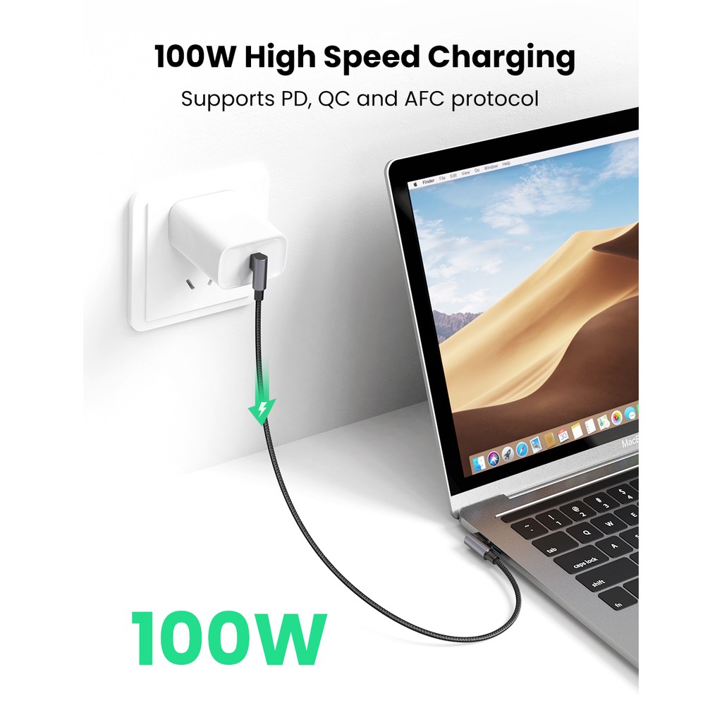 Cáp sạc nhanh góc UGREEN 100W 5A USB C sang USB C PD góc phải 90 độ tiện dụng