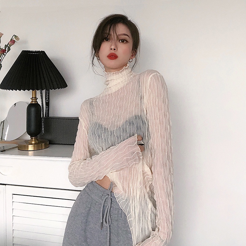 HUANG YOYO Áo Tay Dài Cổ Lọ Phối Ren Mỏng Thời Trang Quyến Rũ Cho Nữ áo croptop