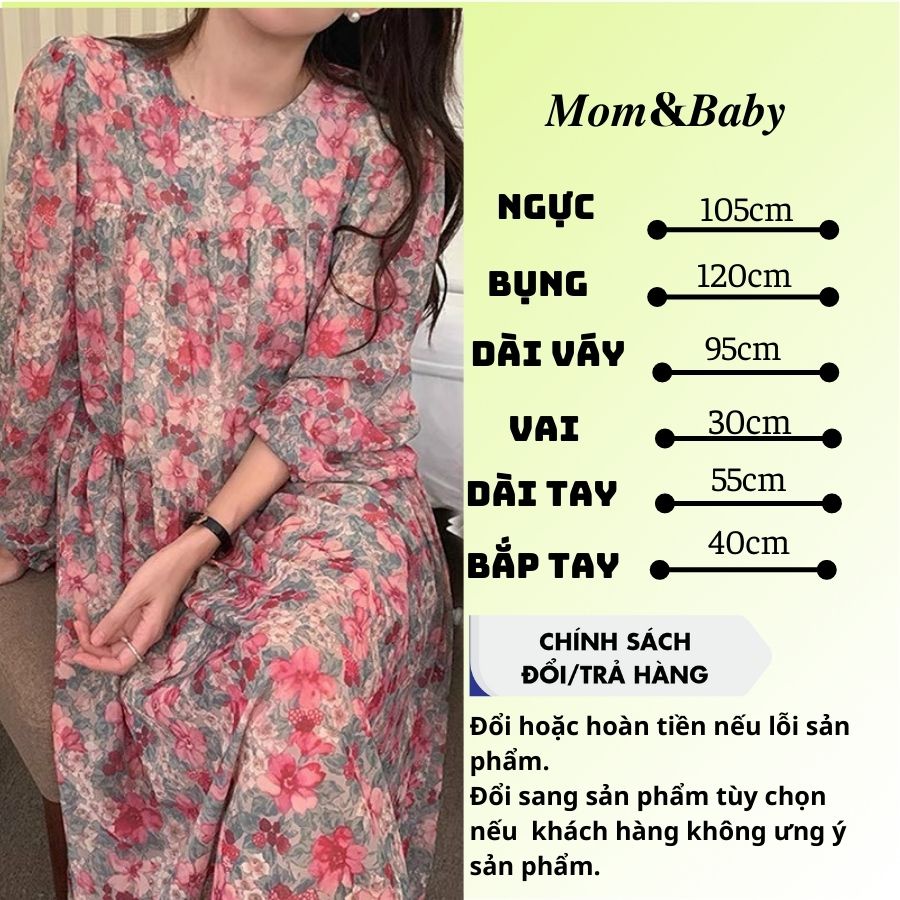 Váy bầu dáng xuông dài tay M538 vải lụa tơ mềm mát thời trang thiết kế Mom and Baby