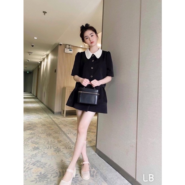 SET VÁY ĐEN CRTOP LÉ CỔ MIX CHÂN VÁY XOÈ