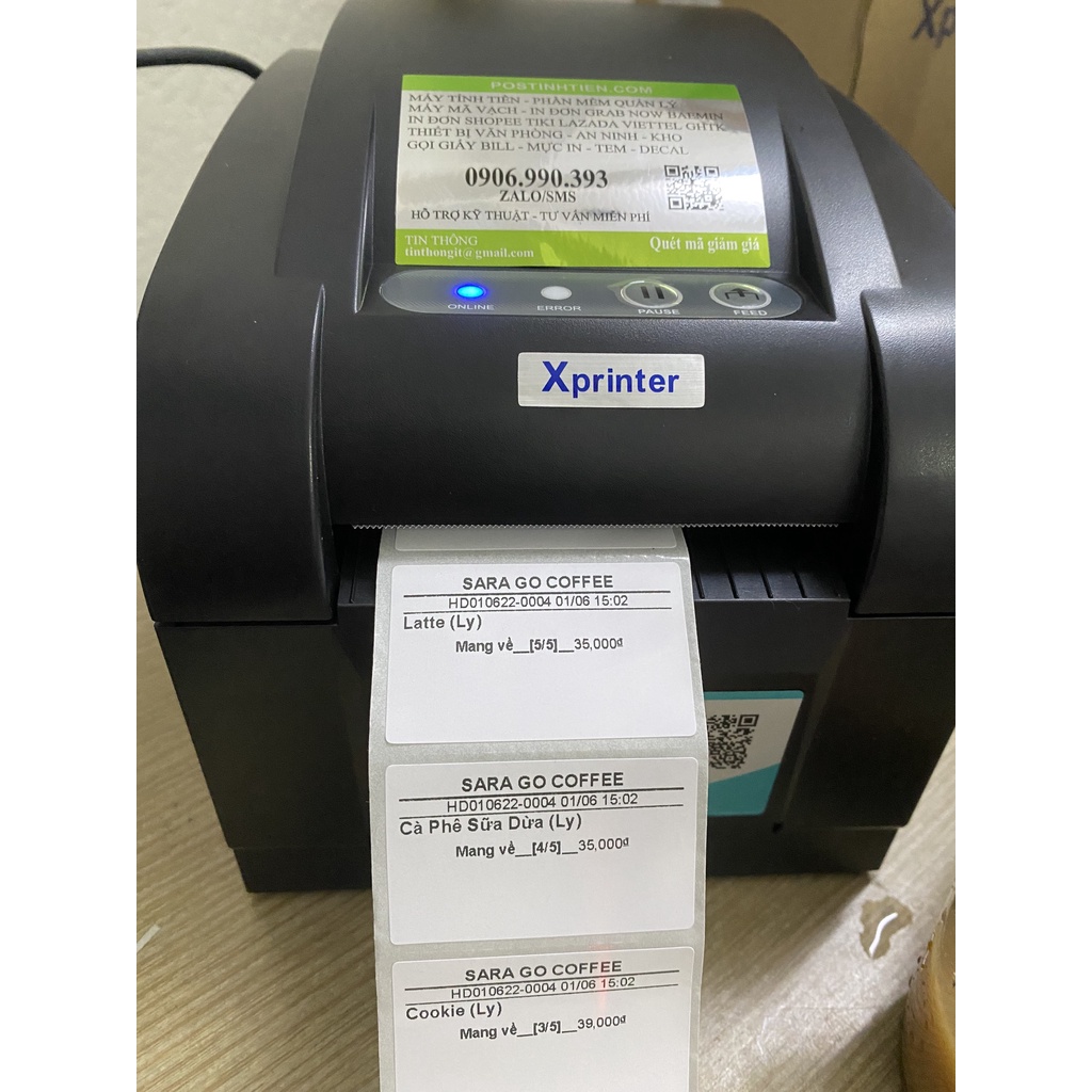 Máy in Tem nhiệt Dán Ly trà chanh trà sữa In Máy Tính USB Ipos, Posapp, Pos365, Kiotviet, Sapo 1 tem Xprinter XP - 350B