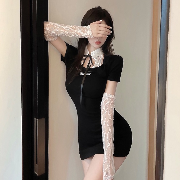 Pure Desire Niche Đầm Ôm Eo Phối Ren Màu Đen Thời Trang Mùa Hè Cho Nữ