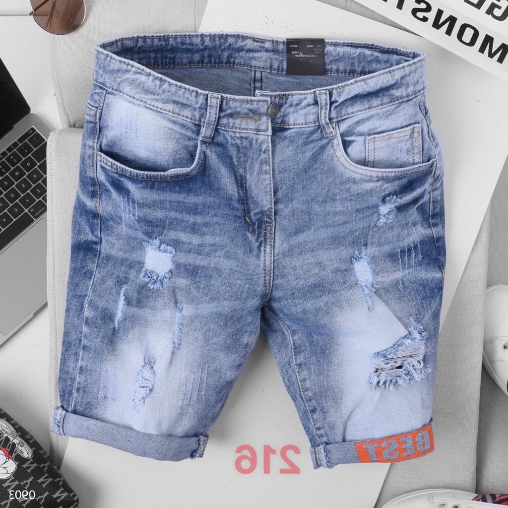 Quần short jean nam màu xanh nhạt, quần đùi nam rách chất vải denim không xù lông mẫu y hình T-FASHION 24H M216