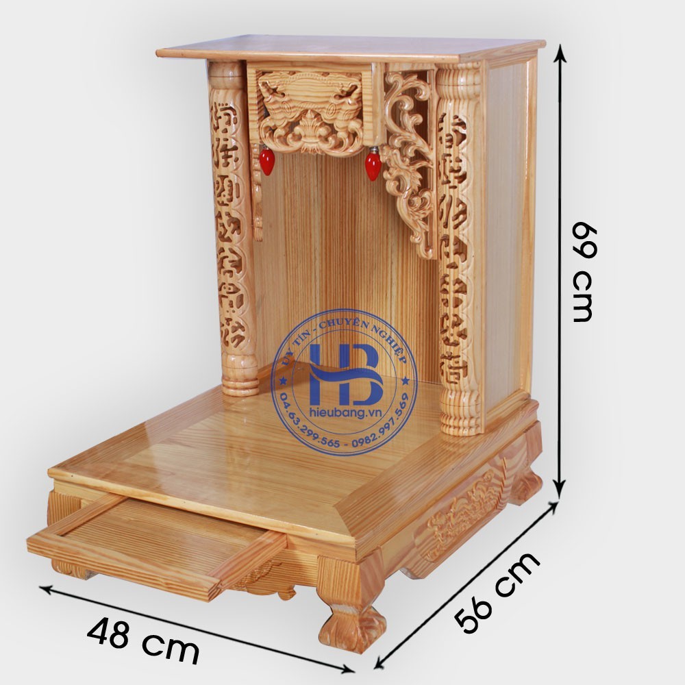 Bàn thờ thần tài ông địa mái bằng gỗ sồi ngang 48 cm