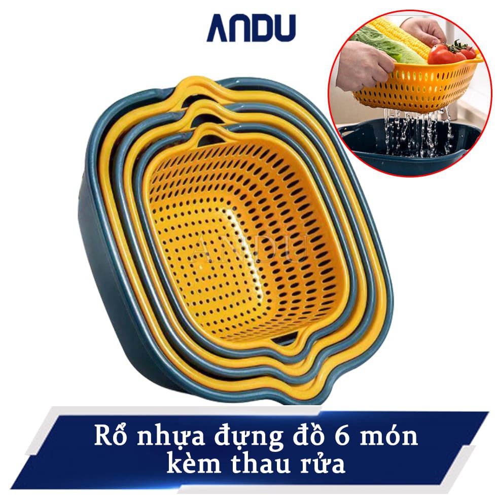Sét Rổ 6 Món Kèm Thau, Rổ Rửa Rau Củ Chất Liệu Nhựa Cao Cấp, Đựng Đồ Đa Năng
