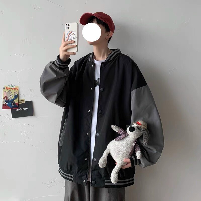 Áo Khoác Bomber Đen Phối tay xám Ulzzang Form Rộng Unisex