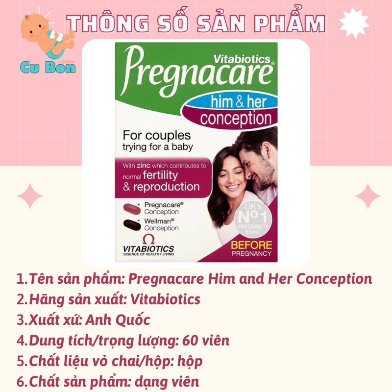 Viên uống tăng khả năng thụ thai cho nam nữ Pregnacare Him and Her Conception 60 viên của Anh Quốc dành cho cả nam và nữ