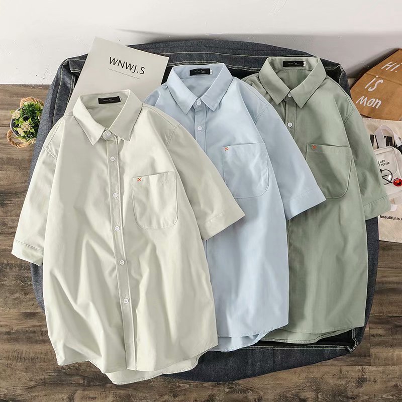 Men's retro simple solid color short-sleeved shirt